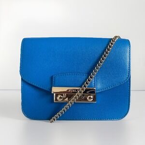 Furla Saffiano Leather Mini Crossbody Metal Chain Blue Silver Lock Rectangle 6.5